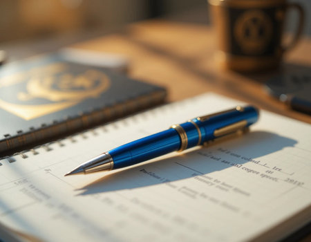 Pen and notebook on a wooden table with a cup of coffee.の素材