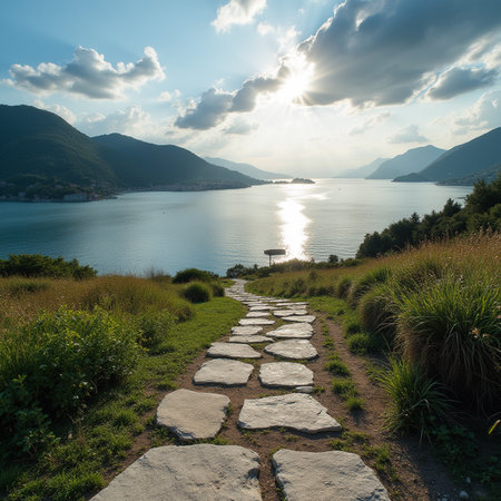 Landscape of Lake Como in Italy with a stone walkwayの素材