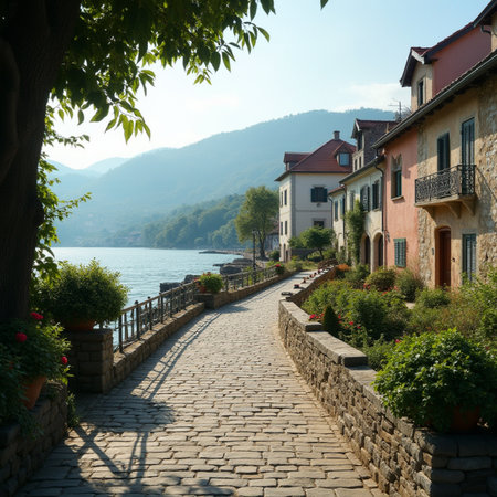 Lakeside view of Lake Como, Lombardy, Italyの素材