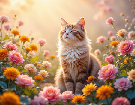 Cute ginger cat sitting among flowers in the meadow at sunsetの素材
