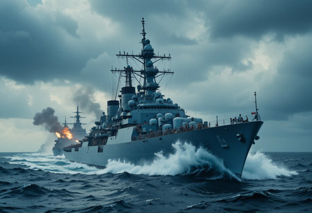 Warship in the sea. Military ship in the sea. Warship in the sea.の素材