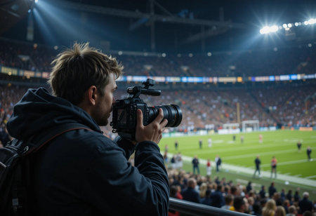 Professional videographer taking photo of football match on stadium with crowd in backgroundの素材