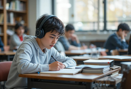 Portrait of a schoolboy with headphones listening to music in the classroomの素材
