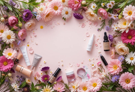 Cosmetics and flowers on pink background. Flat lay, top viewの素材