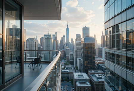 View of the skyscrapers of New York City from a balconyの素材