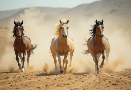 Beautiful horses running in the sand in the desert on a sunny dayの素材