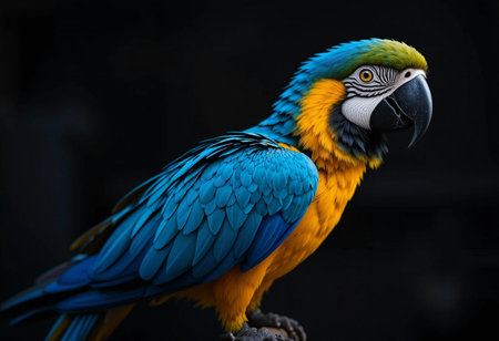 Beautiful blue and yellow macaw parrot sitting on the perchの素材
