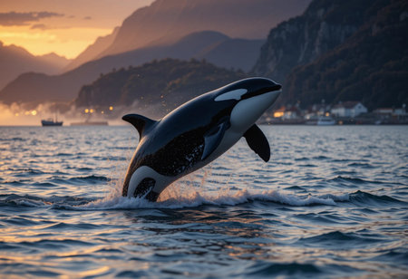 Beautiful killer whale in the sea at sunset. Nature composition.の素材