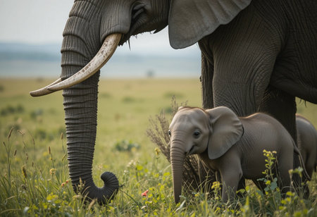 Elephant and baby in Chobe National Park, Botswana, Africaの素材