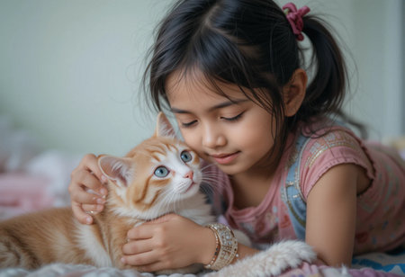 Cute asian little child girl playing with her cat at homeの素材