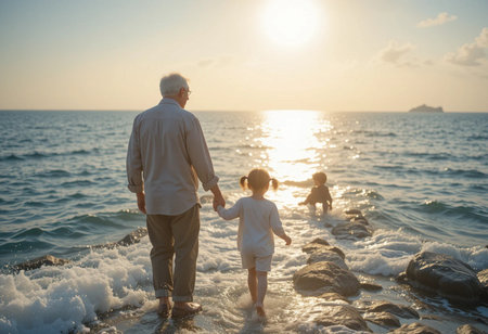 Grandfather and granddaughter playing on the beach at the day time. Concept of friendly family.の素材