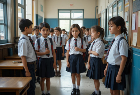 Portrait of a group of elementary school students looking at camera in classroomの素材