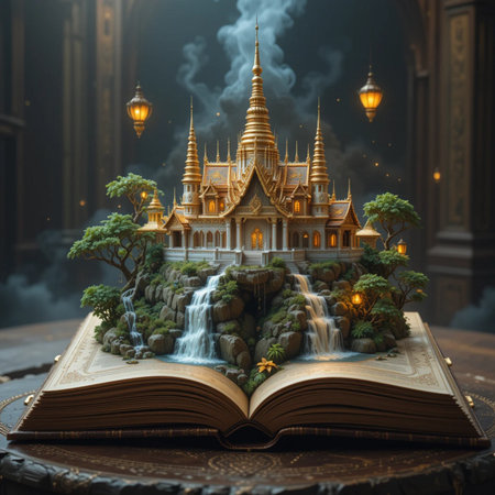 Open book with fairy tale scene of Wat Phra Kaew in Bangkok, Thailandの素材