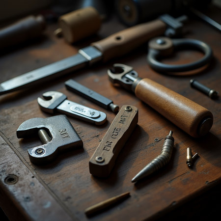 Set of tools for repair and construction on a wooden table. Selective focus.の素材