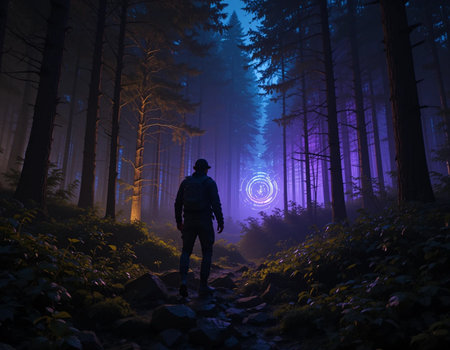 Man in the forest at night with fog on the background. Magical atmosphereの素材