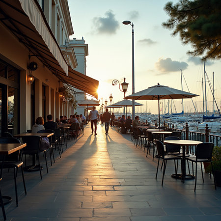 Cafe on the waterfront of Limassol, Cyprus at sunsetの素材