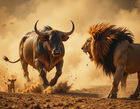 Lion and buffalo fighting in the desert, Kruger National Park, South Africaの素材