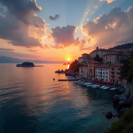 Sunset over the sea in Portofino, Liguria, Italyの素材