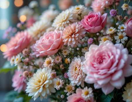 Bouquet of pink and white flowers in a vase.の素材