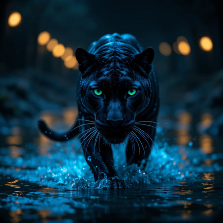Black panther in the rain at night. 3D rendering.の素材
