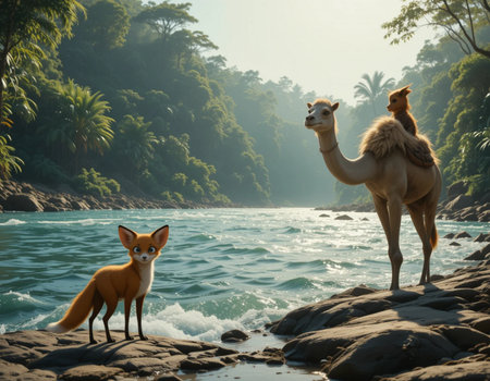 Camel and fox in the river at sunset. Borneo. Malaysiaの素材