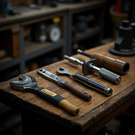 Old tools on the workbench in the workshop. Selective focus.の素材