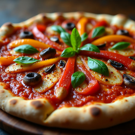 Pizza with bell pepper, mushrooms and tomato sauce. toning. selective focusの素材
