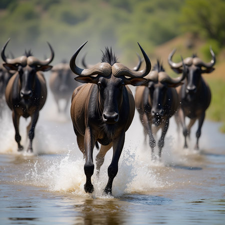 Blue wildebeest (Connochaetes taurinus) running in water, South Africaの素材
