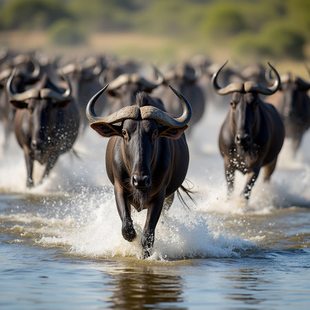 Wildebeest (Syncerus caffer) running in water, South Africaの素材