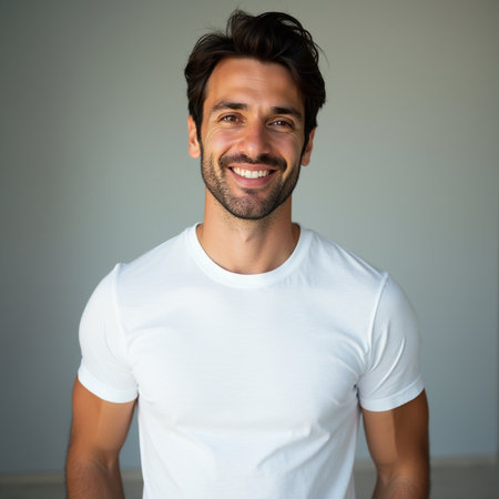 Portrait of a handsome young man smiling at camera in a studioの素材