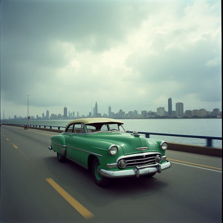 Vintage american car on the road with city skyline in the backgroundの素材