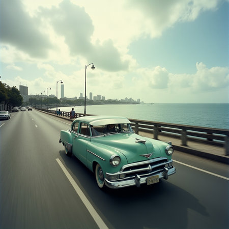 Vintage american car on the road with cityscape background.の素材