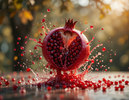 Falling pomegranate fruit with splashes and drops.の素材