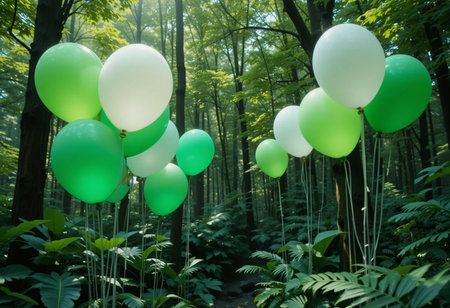 Green and white balloons in the green forest. Beautiful natural background.の素材