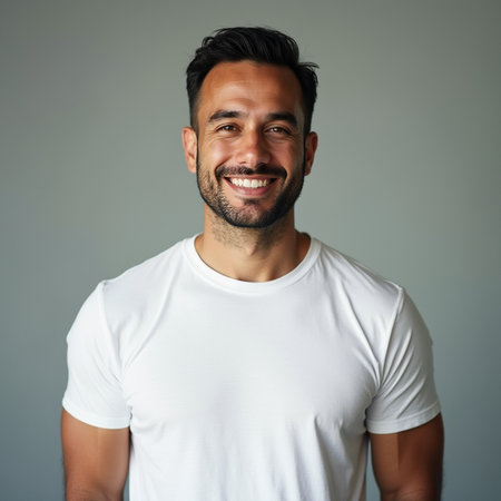 Handsome young man in white t-shirt on gray backgroundの素材