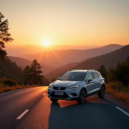 car on the road in the mountains at sunset. 3d renderingの素材