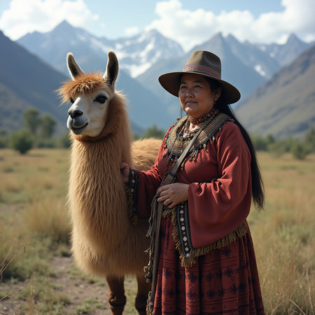 Beautiful woman in traditional dress with alpaca in the mountainsの素材
