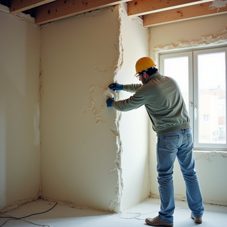 building, renovation and people concept - man in hardhat with spatula plastering wall at homeの素材