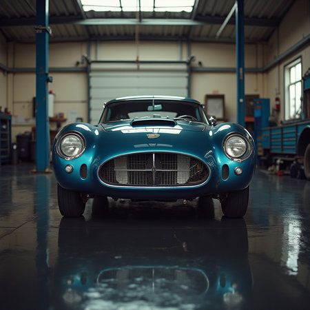 Front view of a blue old american car in a garage.の素材