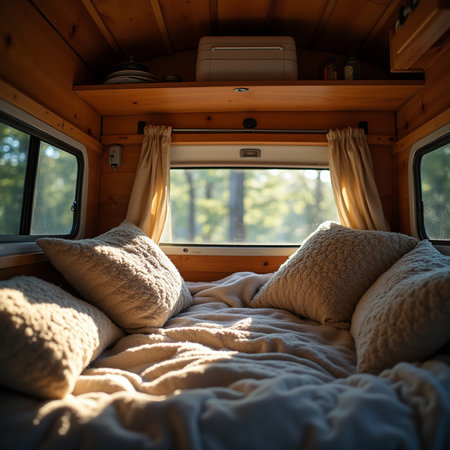 Interior of a camper van. Campervan in nature.の素材