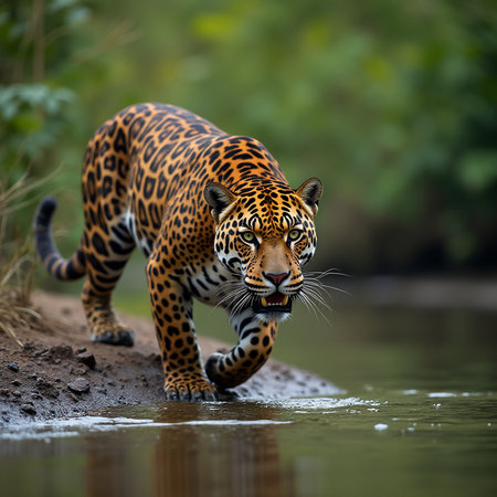Jaguar running in water, Panthera onca, Pantanal, Brazilの素材