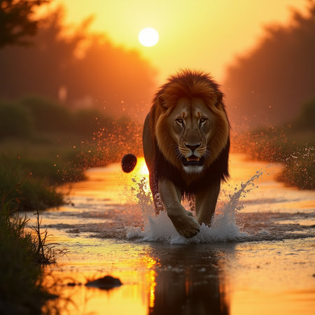 Lion in the water at sunset. Wildlife scene from Africa.の素材