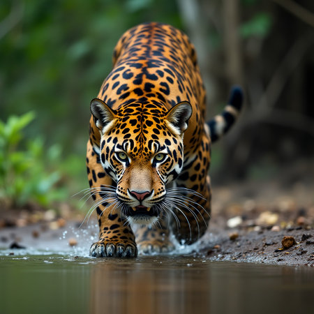 Jaguar (Panthera onca) drinking water in Pantanal, Brazilの素材