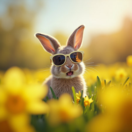 Cute Easter bunny with sunglasses in spring daffodils field.の素材