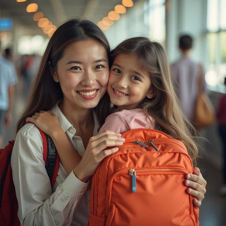 Portrait of smiling mother and daughter with backpacks at airport.の素材