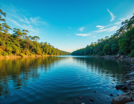 Beautiful view of the river and the forest with blue sky.の素材