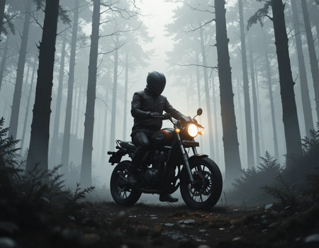 Motorcyclist riding a motorcycle in the misty forest. Motorcyclist in a dark forest.の素材