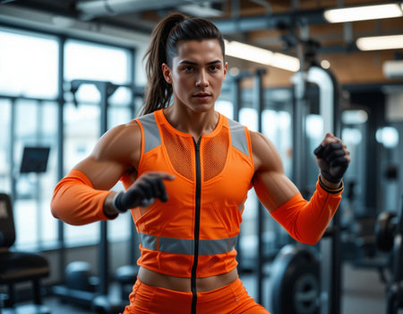 Muscular young woman in sportswear doing exercises with dumbbells in gymの素材