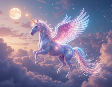 Unicorn with wings and moon in the sky. 3d renderingの素材