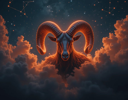 Zodiac sign Aries in the sky. 3D illustration.の素材